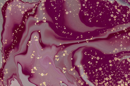 Gold lines and golden dust on red marble. Agate design with Alcohol ink fluid abstract texture fluid art with gold glitter and liquid with shades.の写真素材