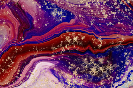 Lines on red and pink marble with gold dust. Alcohol ink fluid abstract texture fluid art with gold glitter and liquid with shades.の写真素材