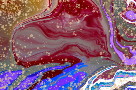 Blue and red yellow marble stone. Alcohol ink fluid abstract texture fluid art with gold glitter and...