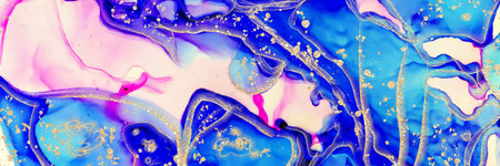 Golden lines and spatter on Alcohol ink fluid abstract texture fluid art with gold glitter and...