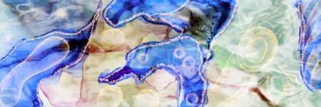 Light rings of gold on Alcohol ink fluid abstract texture fluid art with gold glitter and liquid with shades.の写真素材