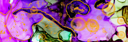 Golden rings and bubbles on Alcohol ink fluid abstract texture fluid art with gold glitter and...