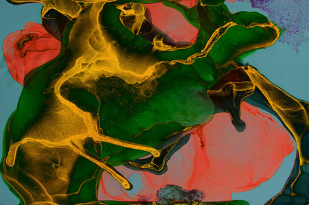 Golden dust and lines on deep green Alcohol ink fluid abstract texture fluid art with gold glitter and liquid with shades.の写真素材