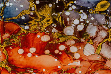 White bubbles and golden dust on dark Alcohol ink fluid abstract texture fluid art with gold glitter and liquid with shades.の写真素材