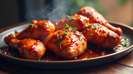Grilled chicken legs with spicy tomato sauce on plate, closeupの素材