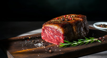Raw beef steak with rosemary and spices on a wooden board.の素材