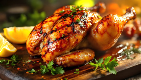 Tasty grilled chicken with lemon and parsley on wooden board, closeupの素材