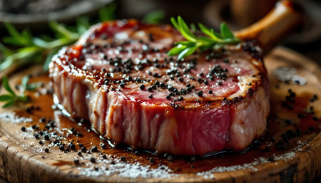 Steak with black pepper on a wooden board, selective focus.の素材