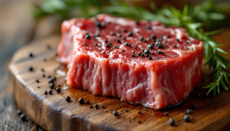 Raw Tuna Steak with Black Pepper on Wooden Cutting Board.の素材