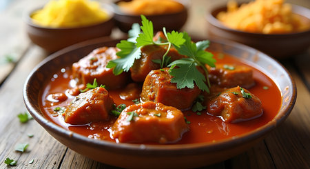 Tajine with curry in bowl on wooden table, closeupの素材