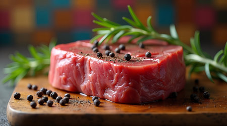 Raw tuna steak with rosemary and peppercorns on wooden boardの素材