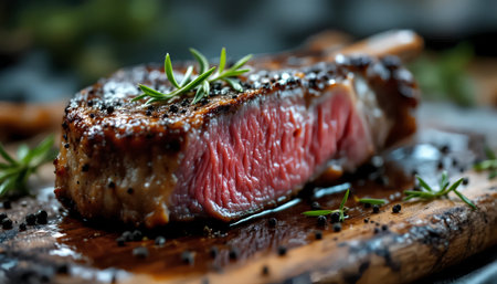 Grilled beef steak with rosemary and spices on a wooden boardの素材