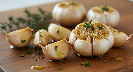 Garlic with thyme and rosemary on a wooden board.の素材