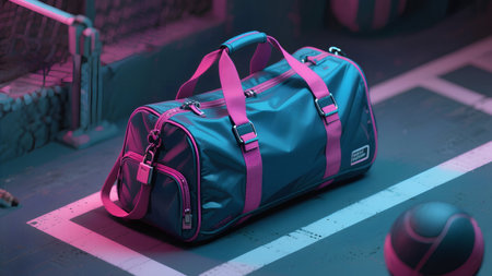 3d rendering of a blue sports bag on the ground in neon lightの素材