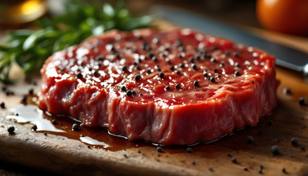 Raw beef steak with black pepper on cutting board, closeup viewの素材