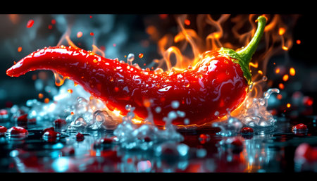 Red hot chili pepper in flames on black background. Close up.の素材