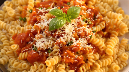 Fusilli pasta with tomato sauce, parmesan and basilの素材