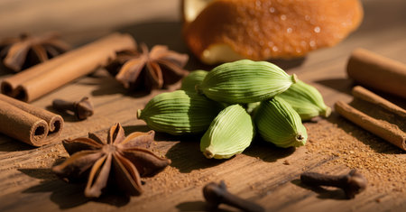 Cardamom, star anise and cinnamon on wooden background.の素材