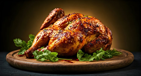 Grilled chicken with parsley on a wooden plate on a dark backgroundの素材