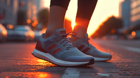 Running shoes. Woman jogging in the city at sunset or sunrise.の素材