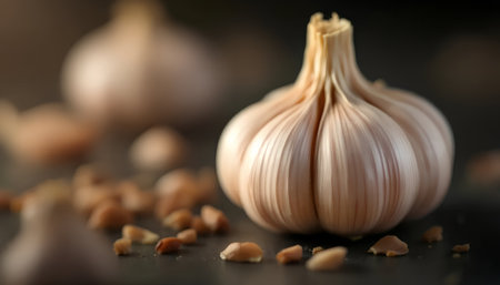 Garlic on a black background, close-up, selective focusの素材