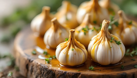 Garlic on a wooden board. Garlic is a healthy food.の素材