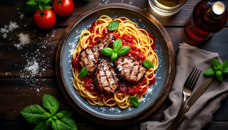 Spaghetti with meatballs, tomato sauce and basil on wooden backgroundの素材