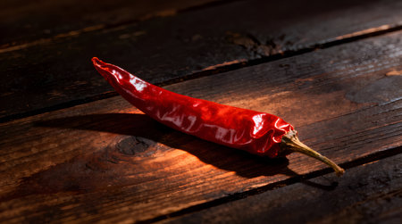 Red hot chili pepper on a wooden background. Selective focus.の素材