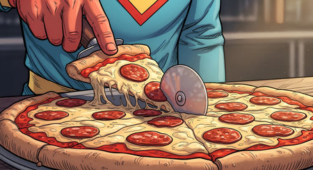 Illustration of a man cutting a pepperoni pizza with a knifeの素材