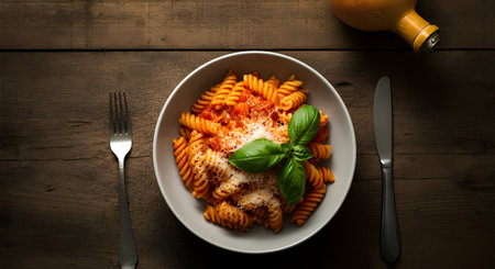 Pasta with tomato sauce, basil and parmesan on wooden backgroundの素材