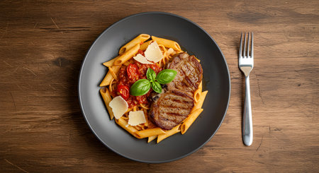 Pasta with grilled meat, tomato sauce and parmesan cheeseの素材