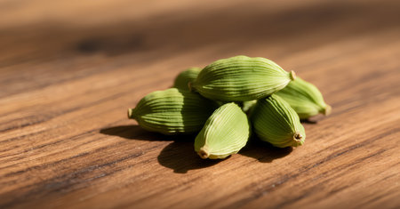 Green cardamom pods on wooden background. Cardamom is a spice used in cooking.の素材