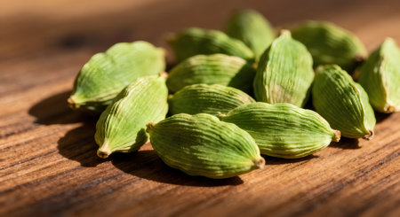 Green cardamom pods on a wooden background. Close up.の素材