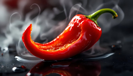 Red hot chili pepper on a black background with smoke and water dropsの素材