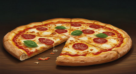 Pizza with salami and mozzarella on a wooden backgroundの素材