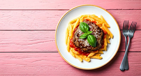 Plate with tasty pasta and meat steak on color wooden background, top viewの素材