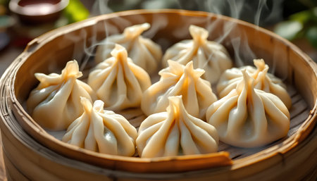 Chinese steamed dumplings in bamboo steamer, closeupの素材