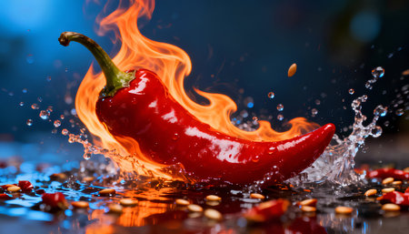 Hot chili pepper with water splash on black background, close up.の素材