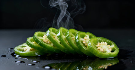 Sliced green jalapeno pepper with smoke on black backgroundの素材