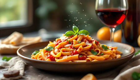 Plate with tasty pasta and glass of wine on table, closeupの素材