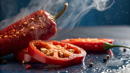 Red hot chili pepper with smoke on a dark blue background. Selective focus.の素材