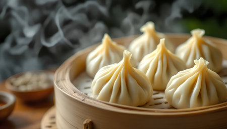 Steamed dumplings in bamboo basket on table, closeupの素材