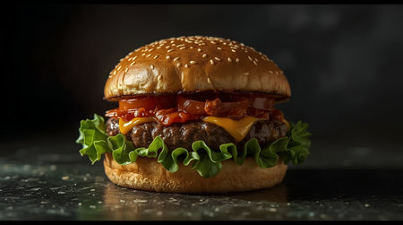 Close-up of hamburger on black background with copy space.の素材