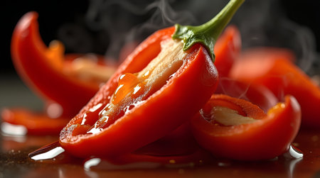 Sliced red hot chili peppers on a black background with smokeの素材