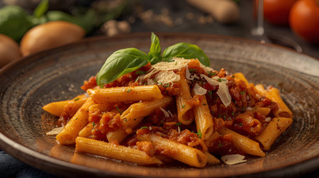 Penne pasta with bolognese sauce and parmesan cheeseの素材