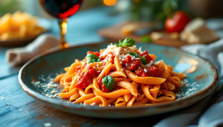 Tasty appetizing classic Italian pasta with a delicious tomato sauce.の素材