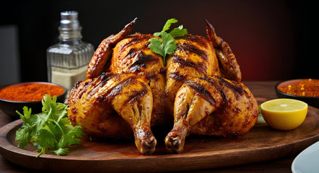 Roasted chicken with spices and herbs on a wooden cutting board.の素材