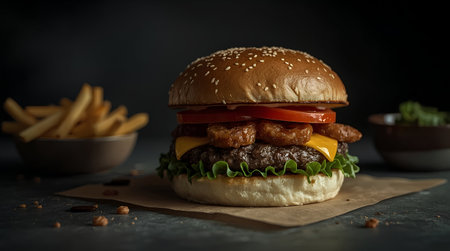 Hamburger with french fries on a dark background. Toned.の素材