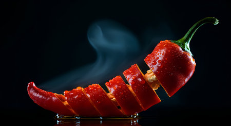 Sliced red hot chili pepper with water drops on black backgroundの素材