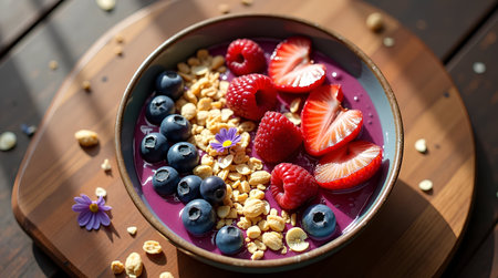 Healthy breakfast bowl with yogurt, berries and granola on wooden tableの素材
